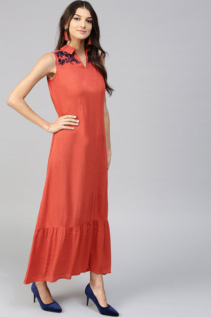 Women's Embroidered Yoke Crinkled Rust Ethnic Maxi