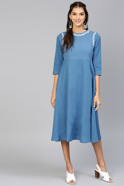 Women's Blue Embroidered Belted Ethnic Dress