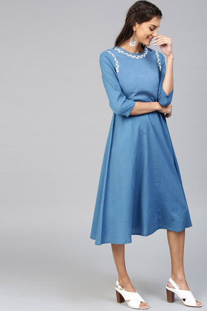 Women's Blue Embroidered Belted Ethnic Dress