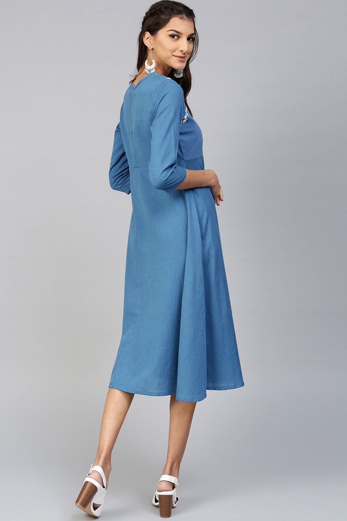 Women's Blue Embroidered Belted Ethnic Dress