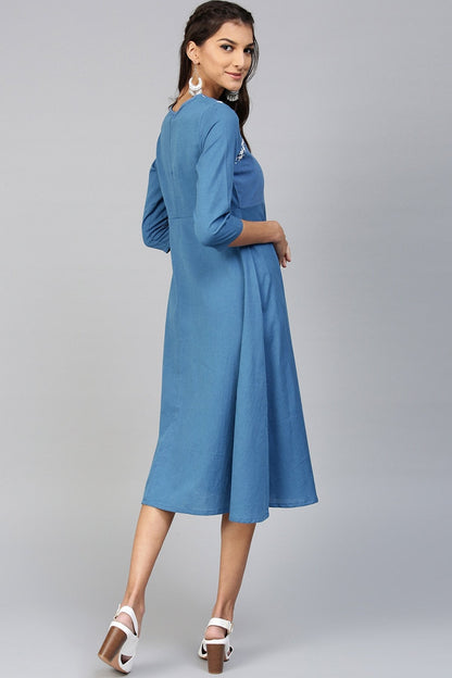 Women's Blue Embroidered Belted Ethnic Dress