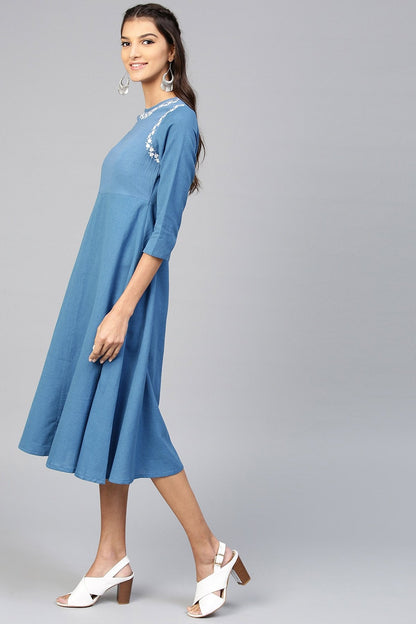 Women's Blue Embroidered Belted Ethnic Dress