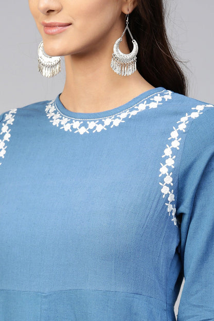 Women's Blue Embroidered Belted Ethnic Dress