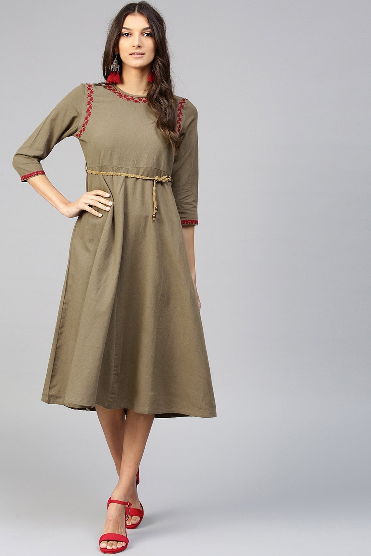 Women's Brown Embroidered Belted Ethnic Dress