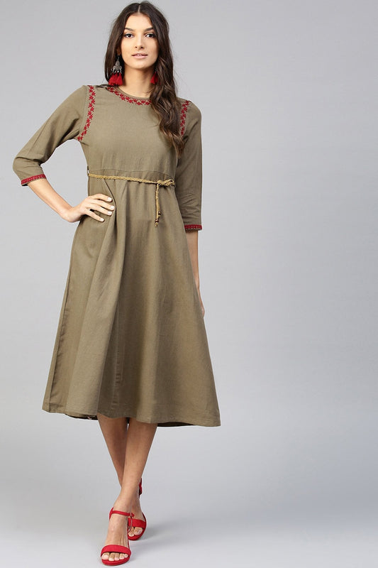 Women's Brown Embroidered Belted Ethnic Dress