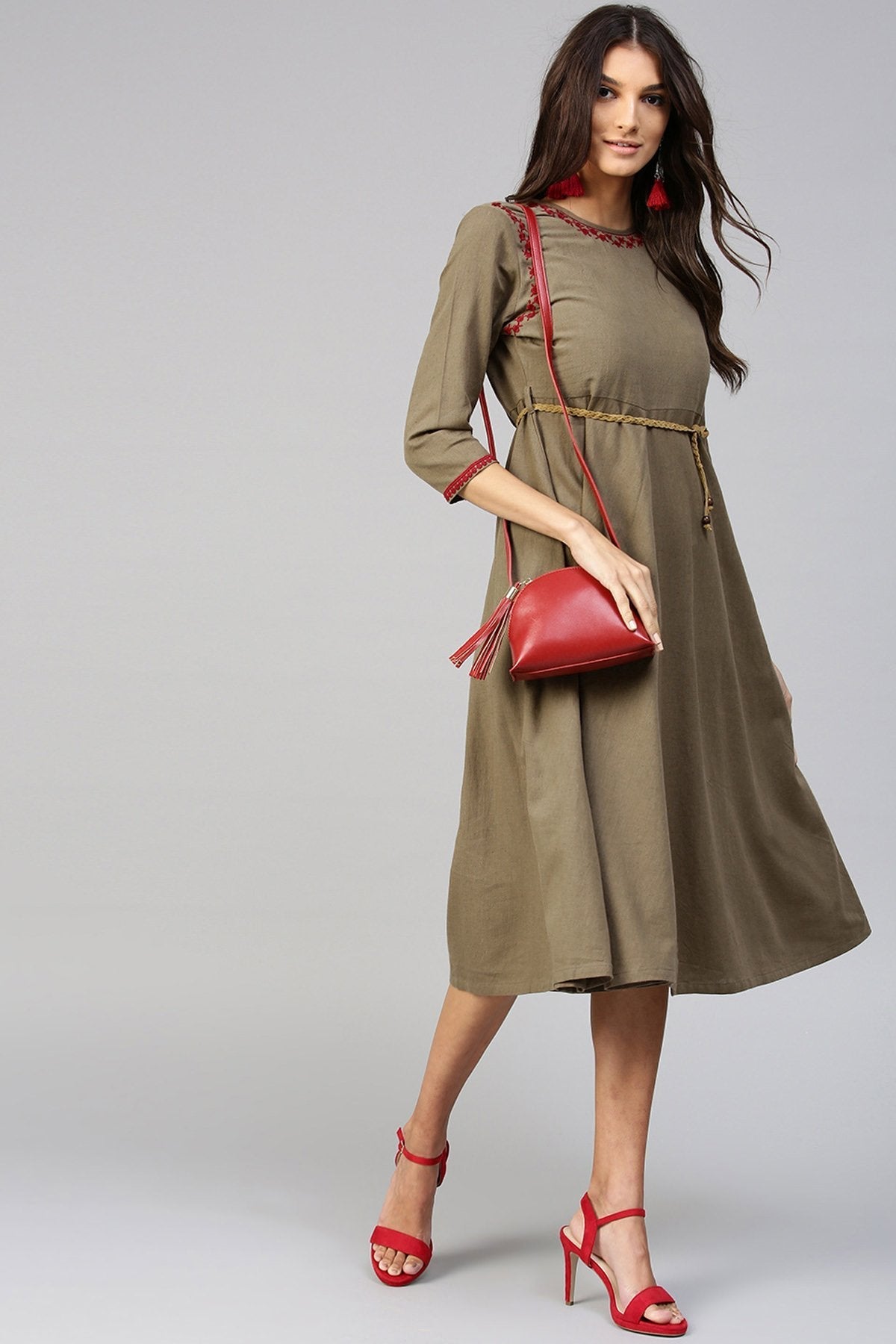 Women's Brown Embroidered Belted Ethnic Dress