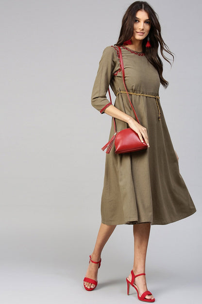 Women's Brown Embroidered Belted Ethnic Dress