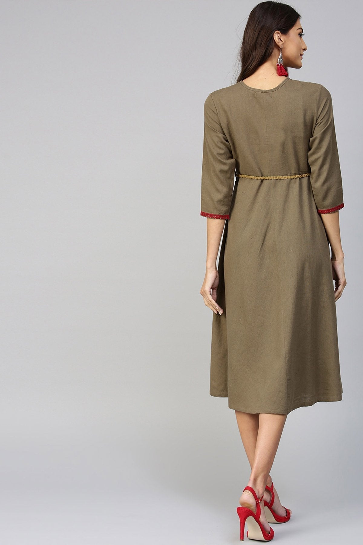 Women's Brown Embroidered Belted Ethnic Dress