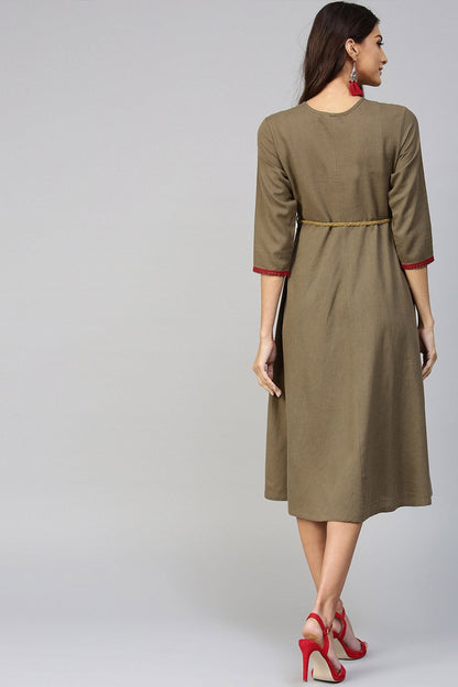 Women's Brown Embroidered Belted Ethnic Dress