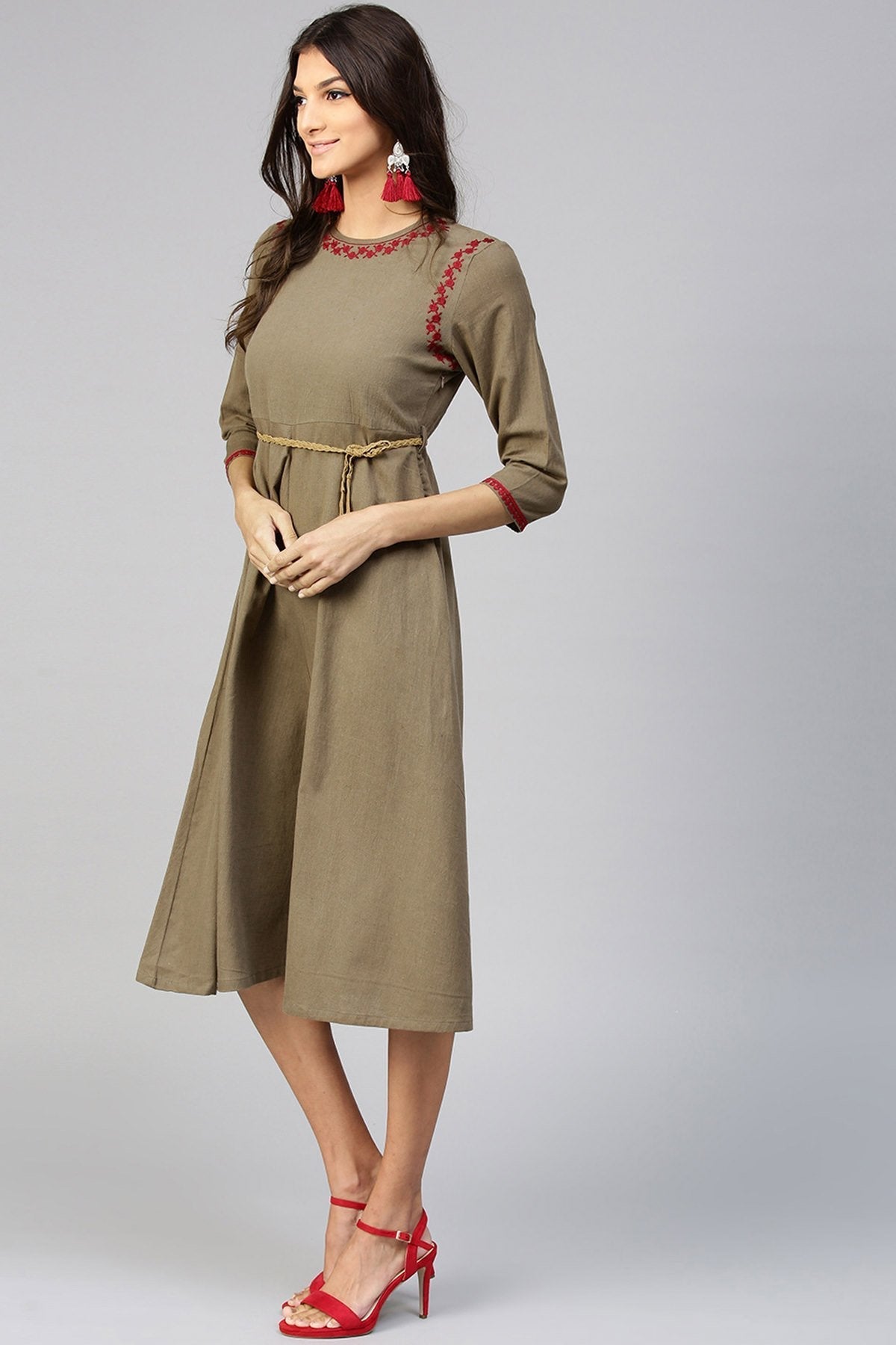 Women's Brown Embroidered Belted Ethnic Dress