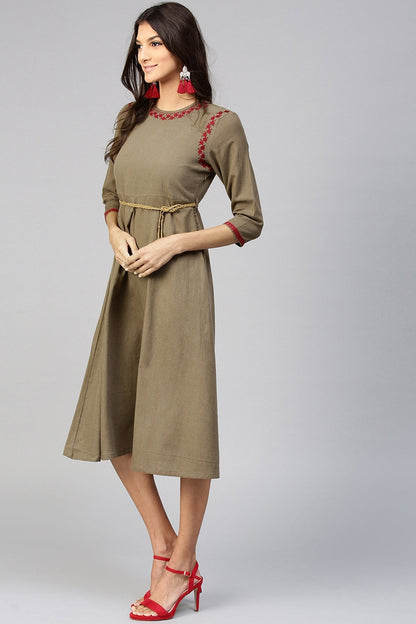 Women's Brown Embroidered Belted Ethnic Dress