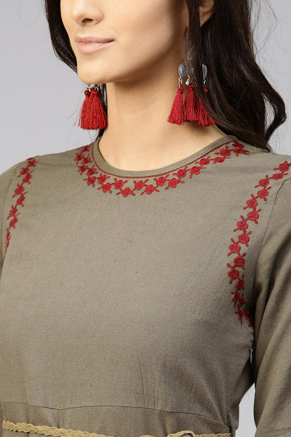 Women's Brown Embroidered Belted Ethnic Dress