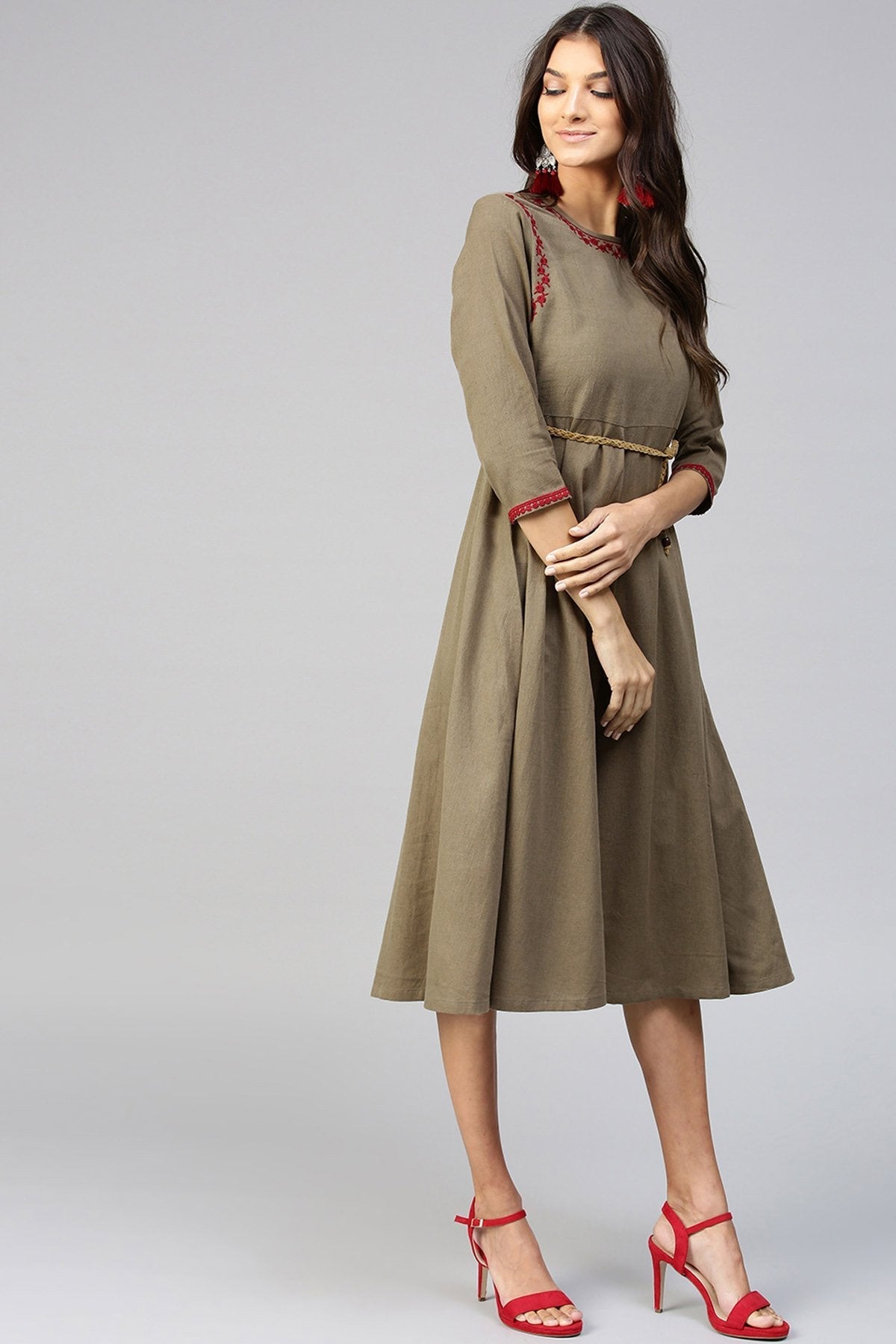 Women's Brown Embroidered Belted Ethnic Dress