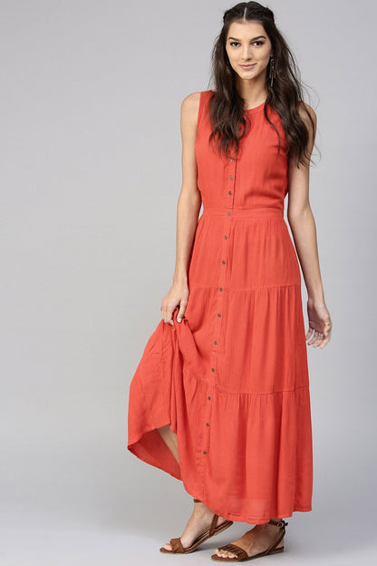 Women's Tiered Front Button Crinkled Rust Maxi