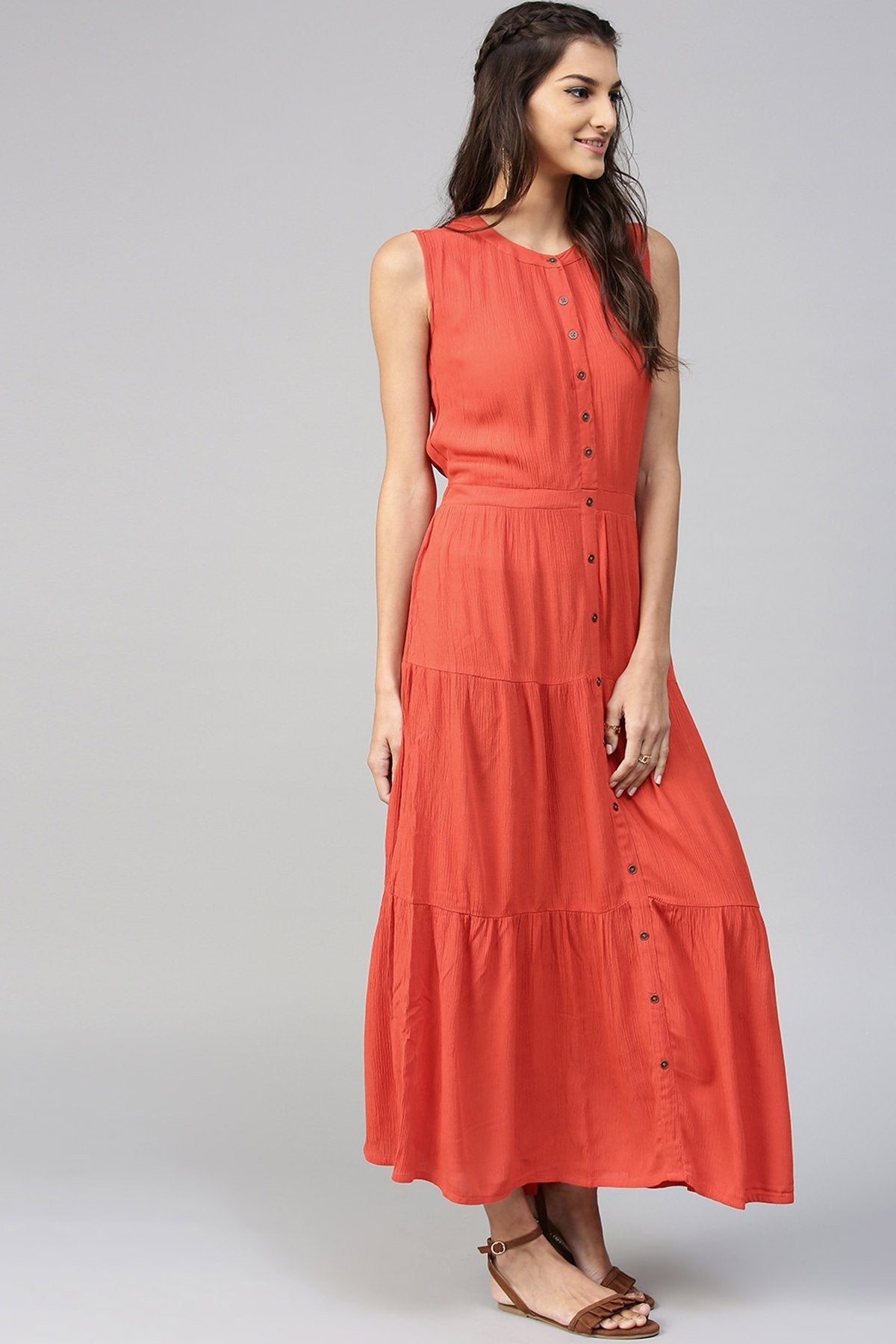 Women's Tiered Front Button Crinkled Rust Maxi