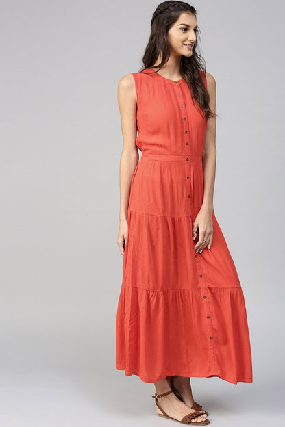 Women's Tiered Front Button Crinkled Rust Maxi