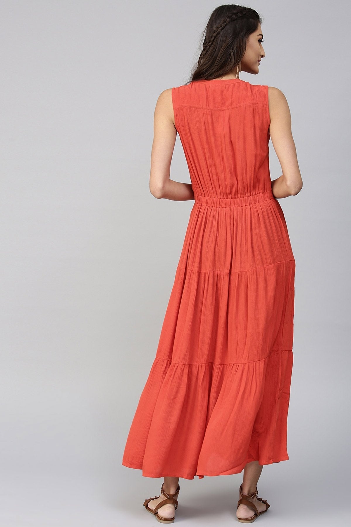 Women's Tiered Front Button Crinkled Rust Maxi