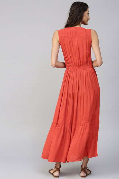 Women's Tiered Front Button Crinkled Rust Maxi