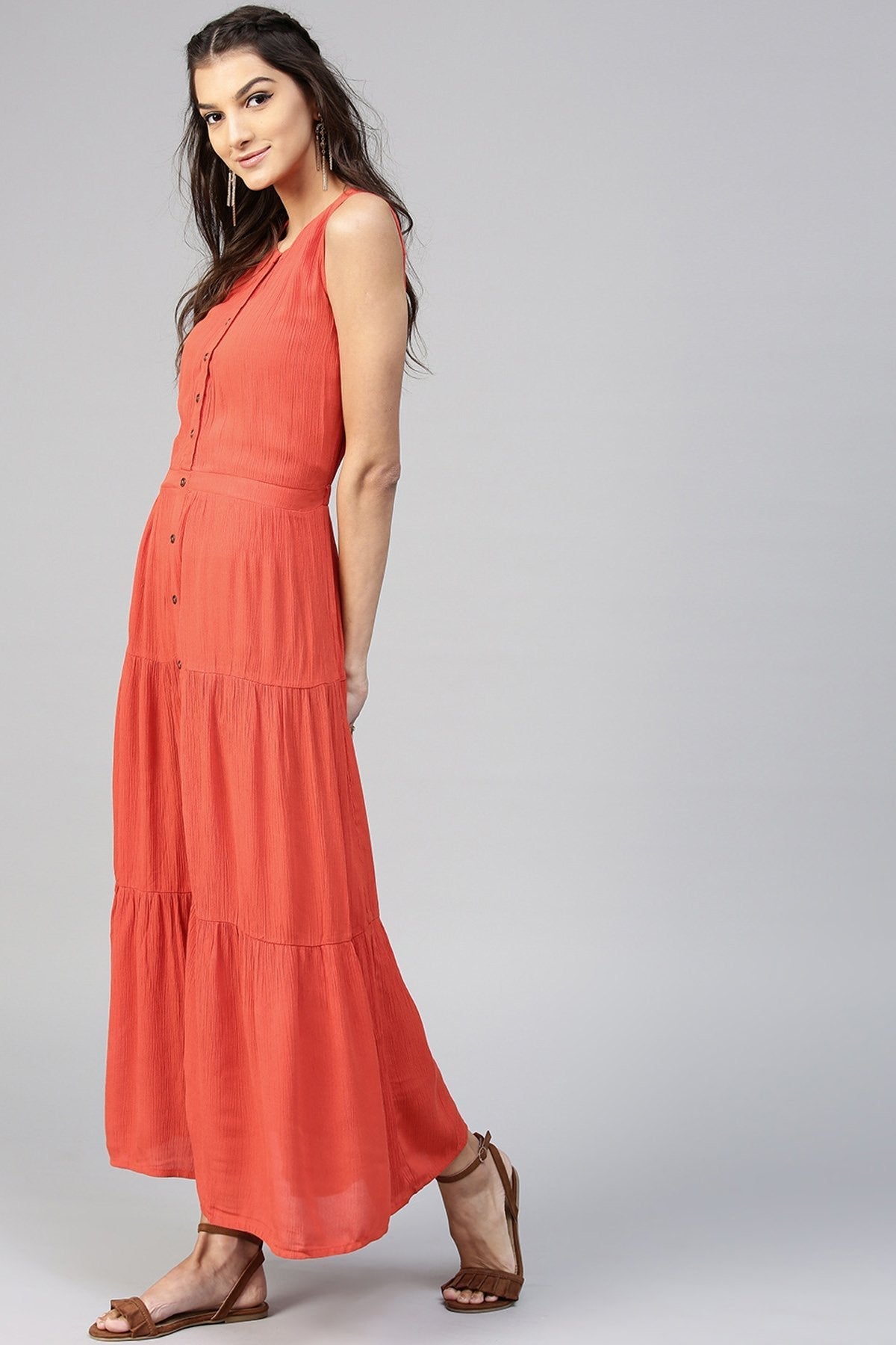 Women's Tiered Front Button Crinkled Rust Maxi
