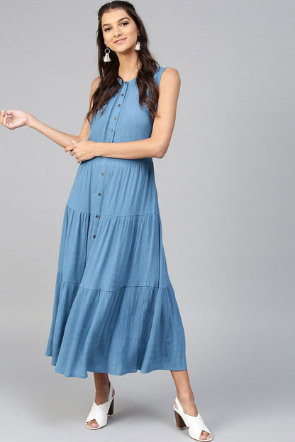 Women's Tiered Front Button Crinkled Blue Maxi