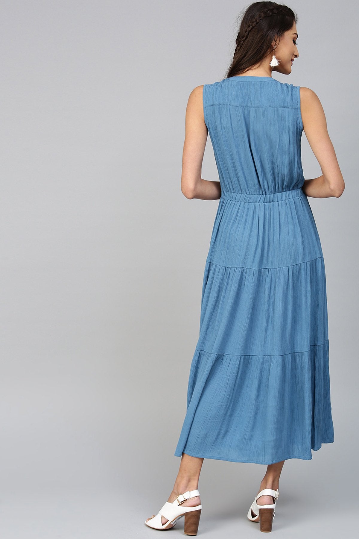 Women's Tiered Front Button Crinkled Blue Maxi