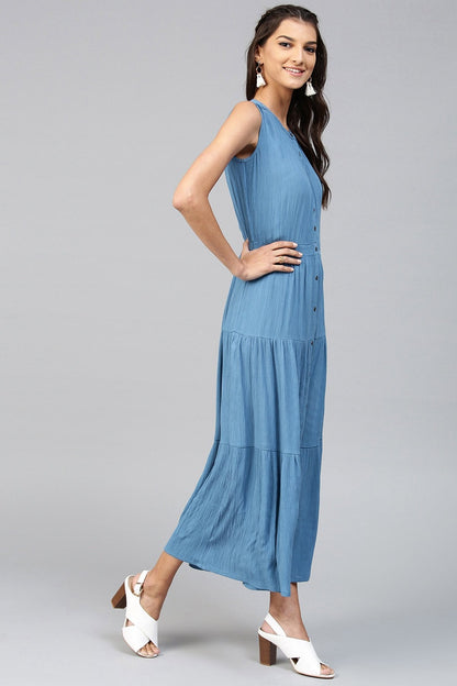 Women's Tiered Front Button Crinkled Blue Maxi