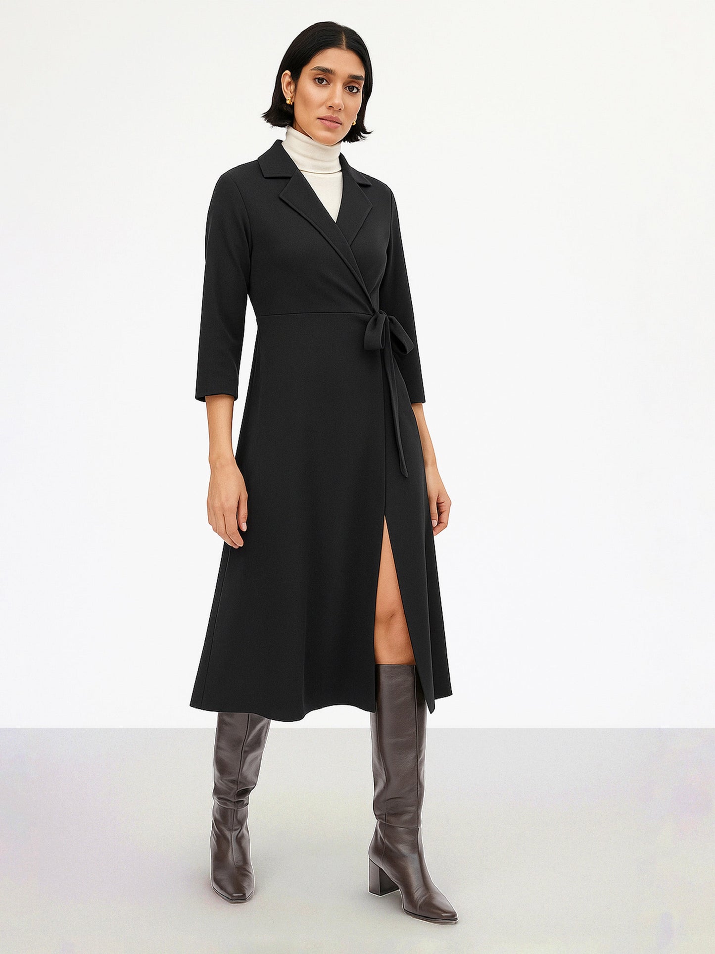 Women's Black Notch Collar Wrap Midi Dress