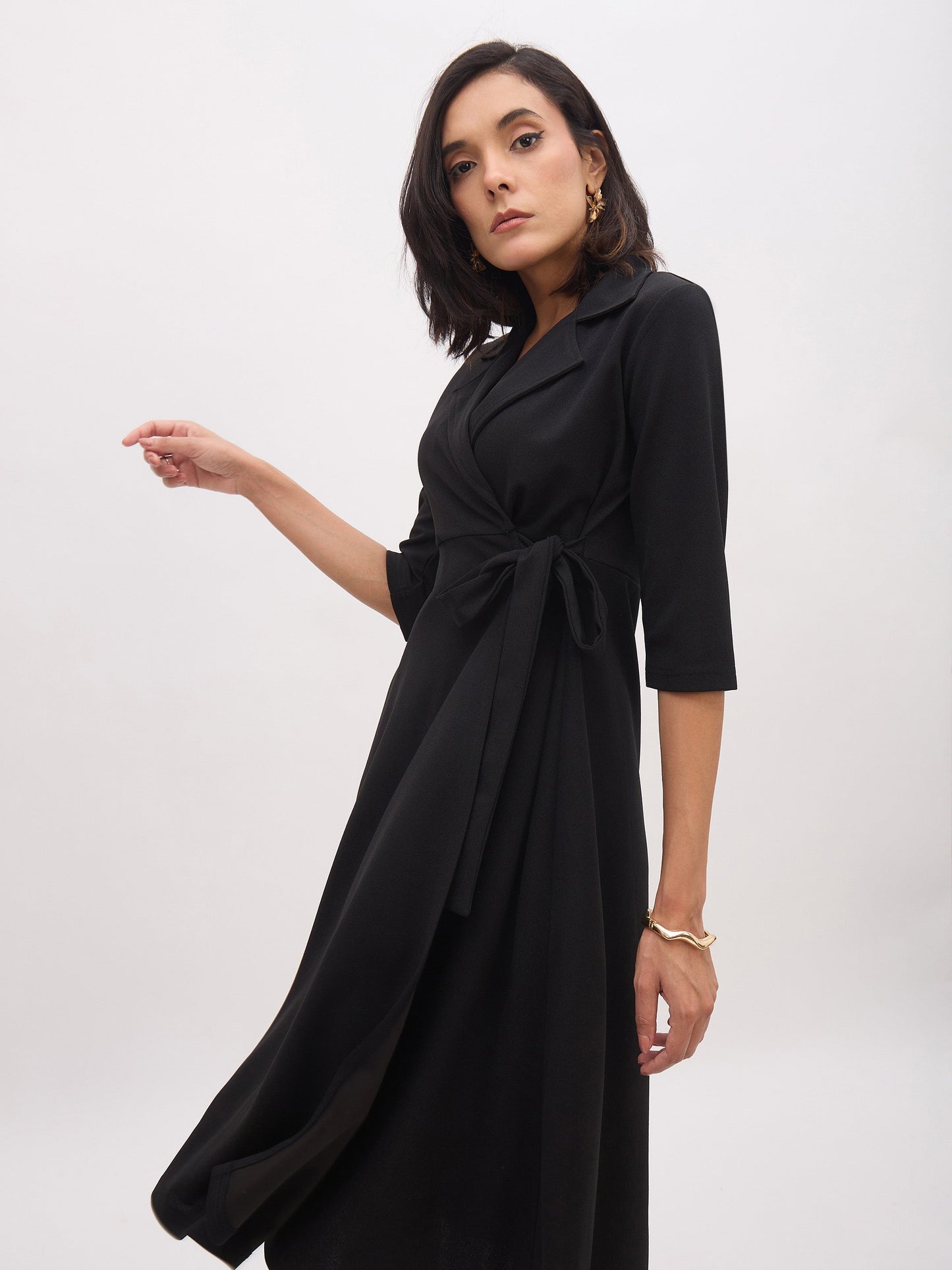 Women's Black Notch Collar Wrap Midi Dress