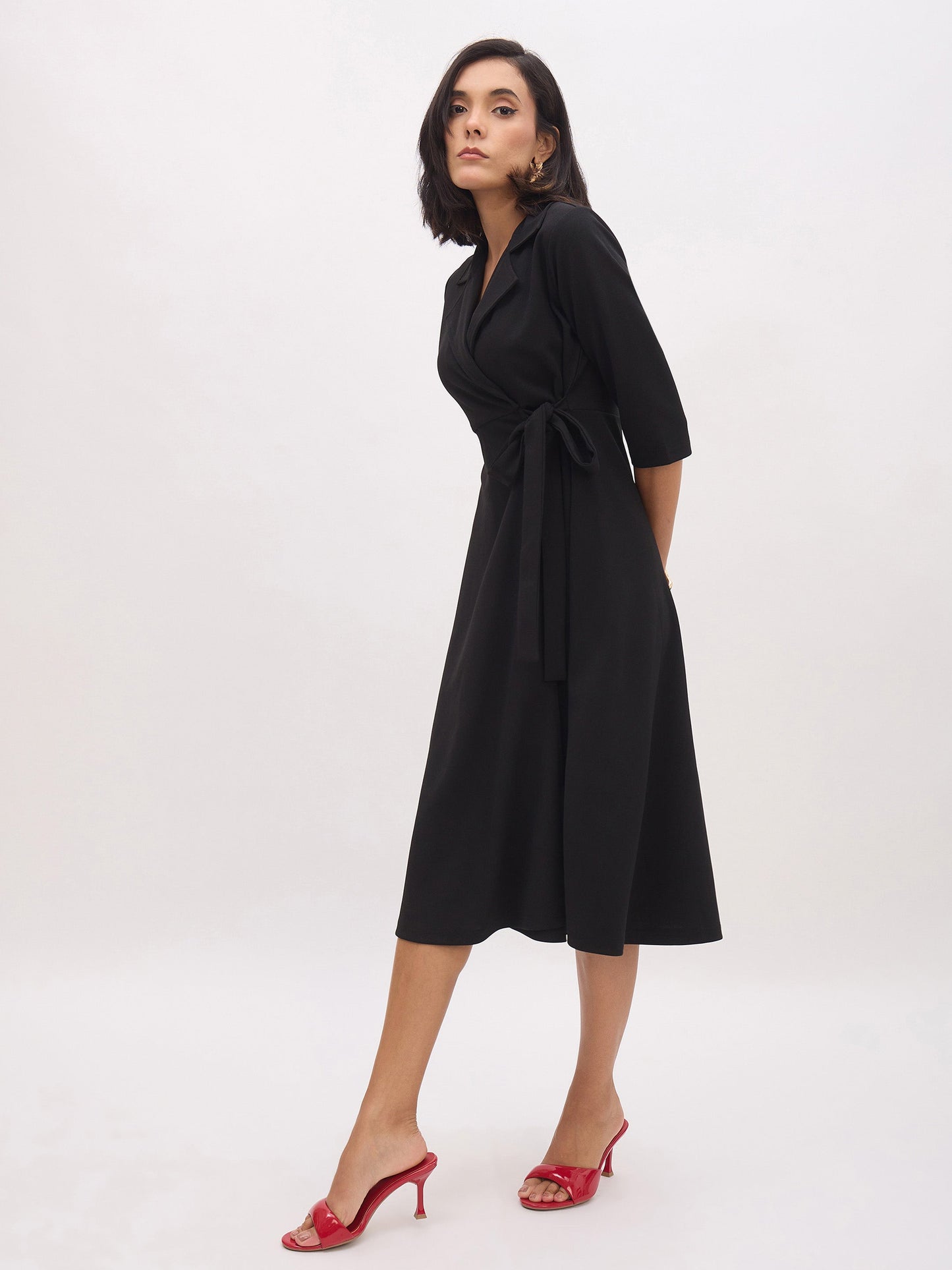 Women's Black Notch Collar Wrap Midi Dress