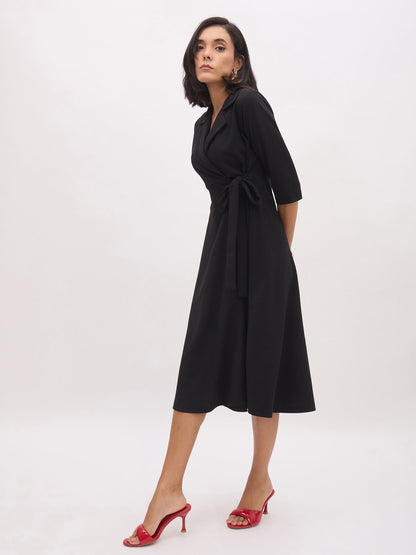 Women's Black Notch Collar Wrap Midi Dress