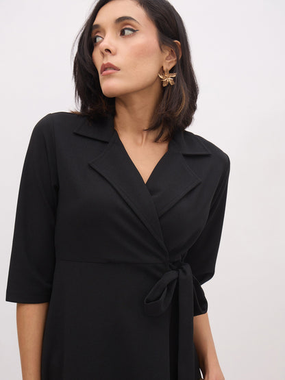 Women's Black Notch Collar Wrap Midi Dress