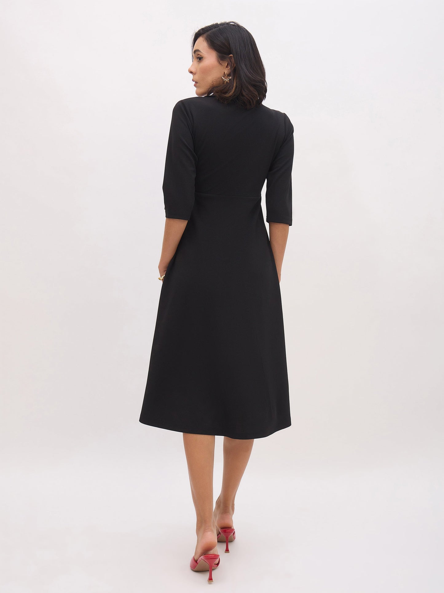 Women's Black Notch Collar Wrap Midi Dress