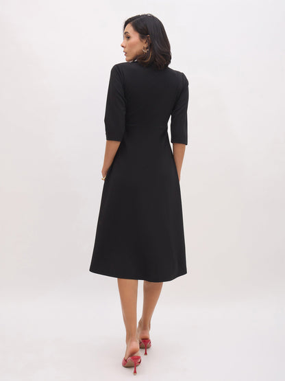 Women's Black Notch Collar Wrap Midi Dress