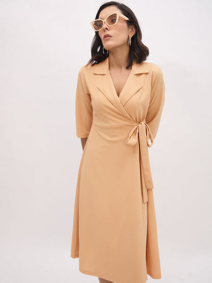 Women's Beige Notch Collar Wrap Midi Dress