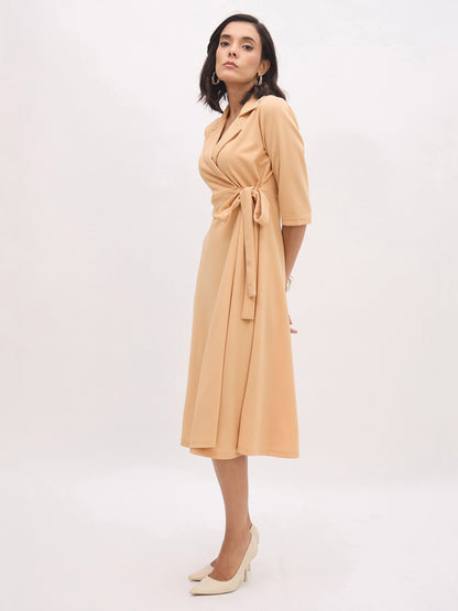 Women's Beige Notch Collar Wrap Midi Dress