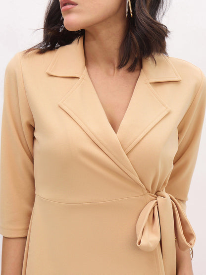 Women's Beige Notch Collar Wrap Midi Dress