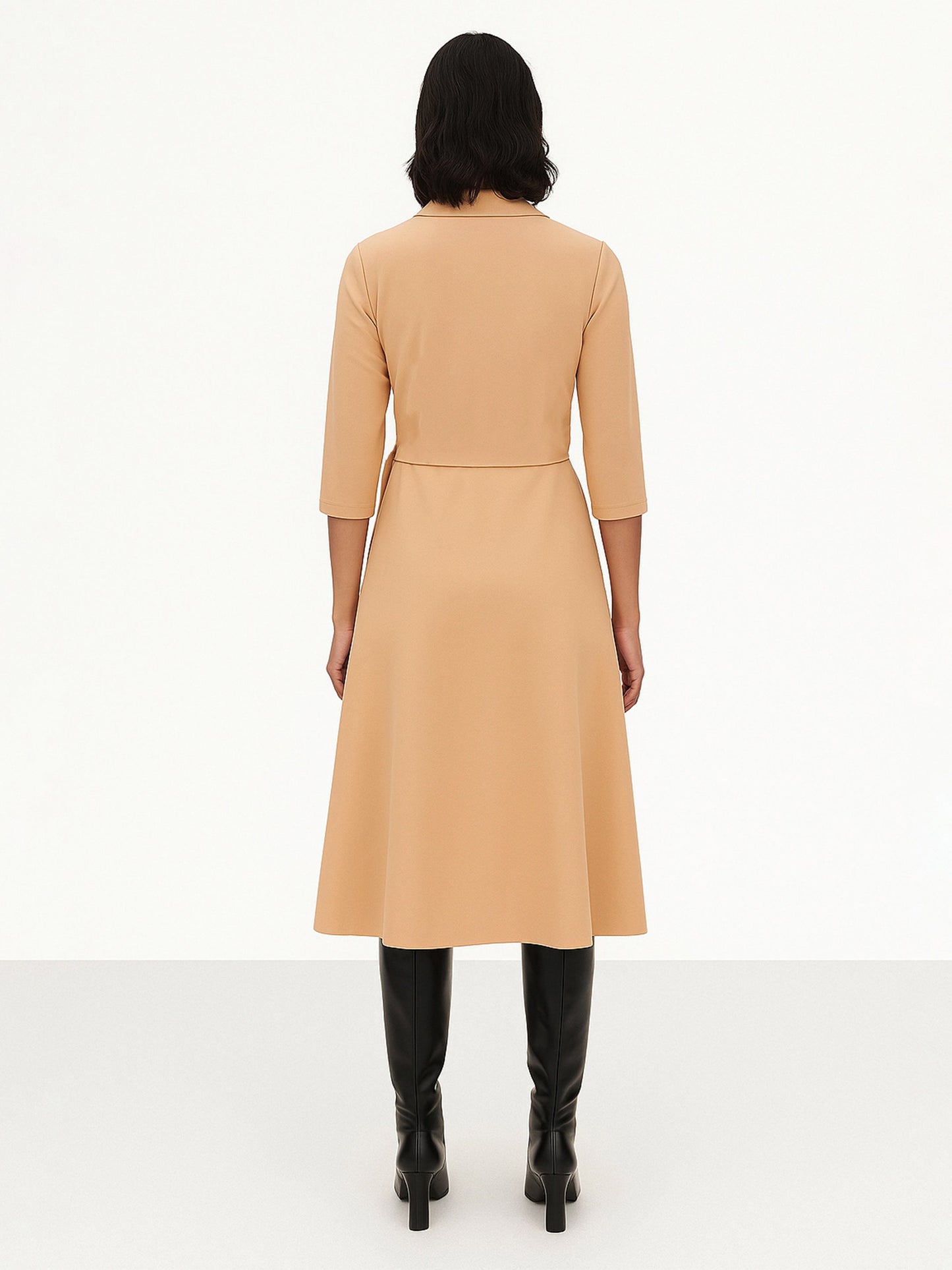 Women's Beige Notch Collar Wrap Midi Dress