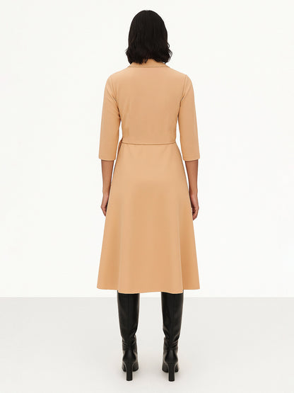 Women's Beige Notch Collar Wrap Midi Dress