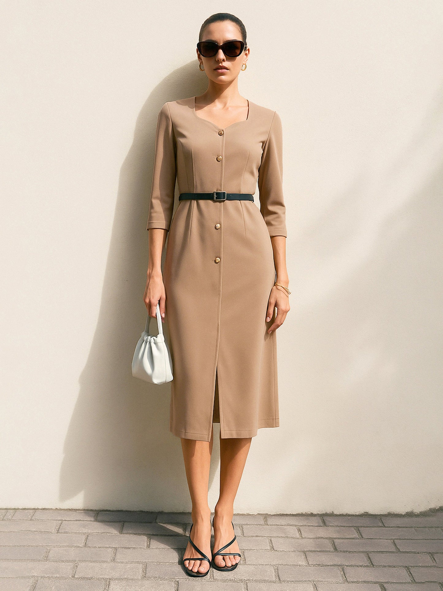 Women's Beige Sweetheart Neck Midi Dress With PU Belt