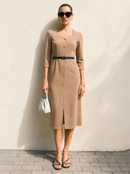 Women's Beige Sweetheart Neck Midi Dress With PU Belt