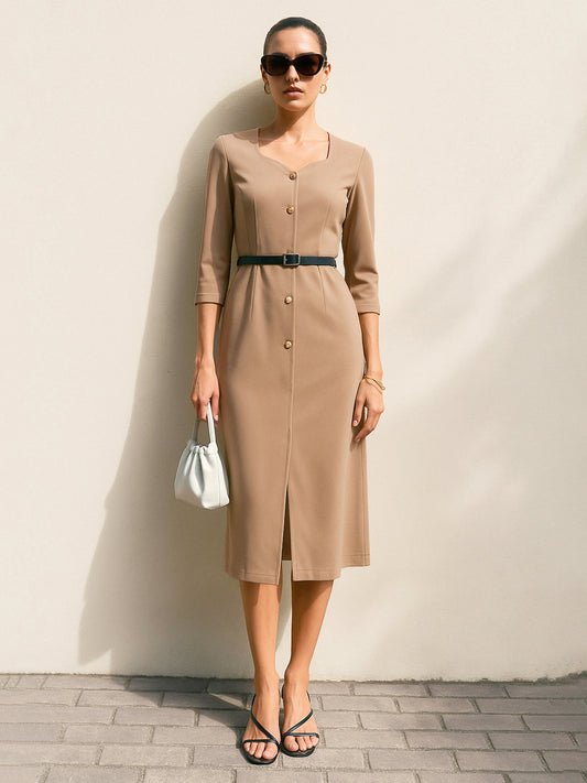 Women's Beige Sweetheart Neck Midi Dress With PU Belt