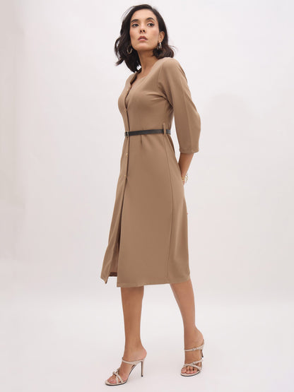 Women's Beige Sweetheart Neck Midi Dress With PU Belt