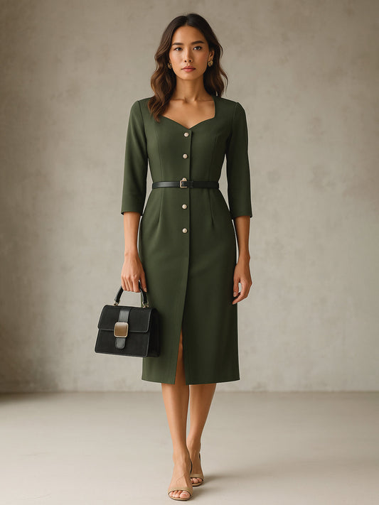Women's Olive Sweetheart Neck Midi Dress With PU Belt