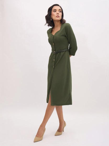 Women's Olive Sweetheart Neck Midi Dress With PU Belt
