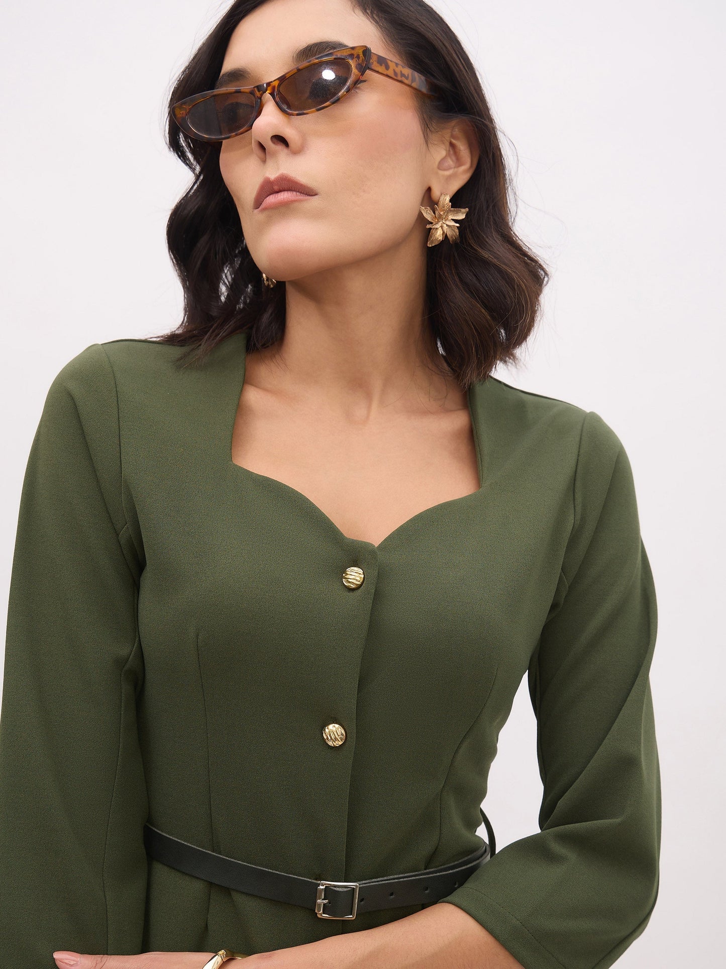 Women's Olive Sweetheart Neck Midi Dress With PU Belt