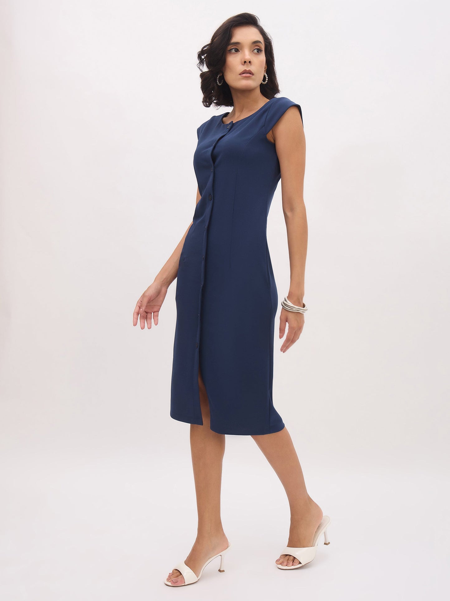 Women's Blue Round Neck Button Midi Dress