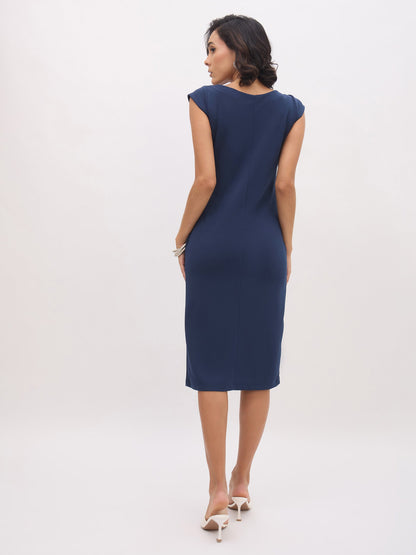 Women's Blue Round Neck Button Midi Dress