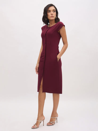 Women's Burgundy Round Neck Button Midi Dress