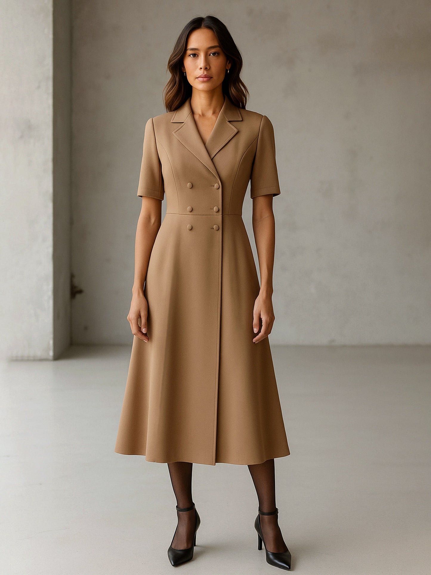 Women's Beige Notch Collar Button Midi Dress
