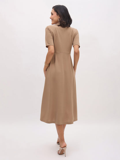 Women's Beige Notch Collar Button Midi Dress